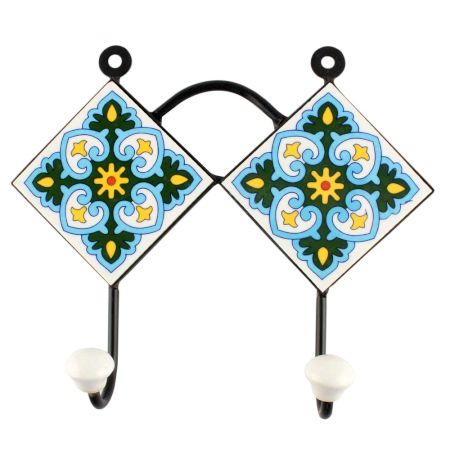 Turquoise Ceramic Floral Tile Wall Hook 